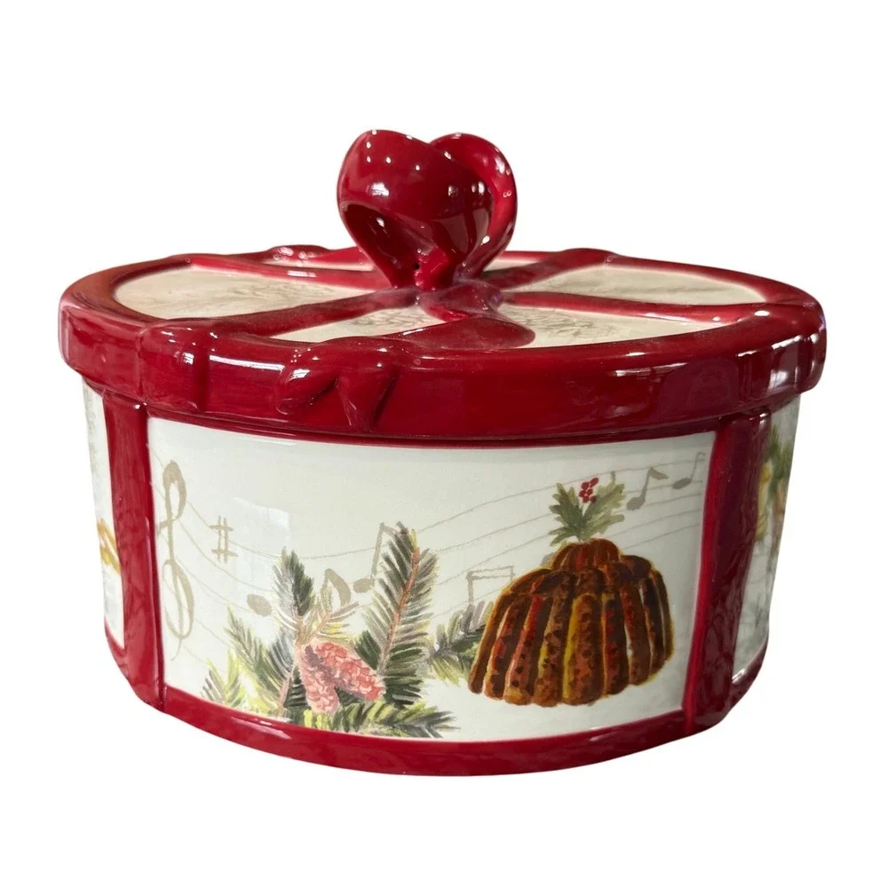 Williams Sonoma Christmas Carols Ceramic Lidded Drum Bowl Container Red Bow 2011